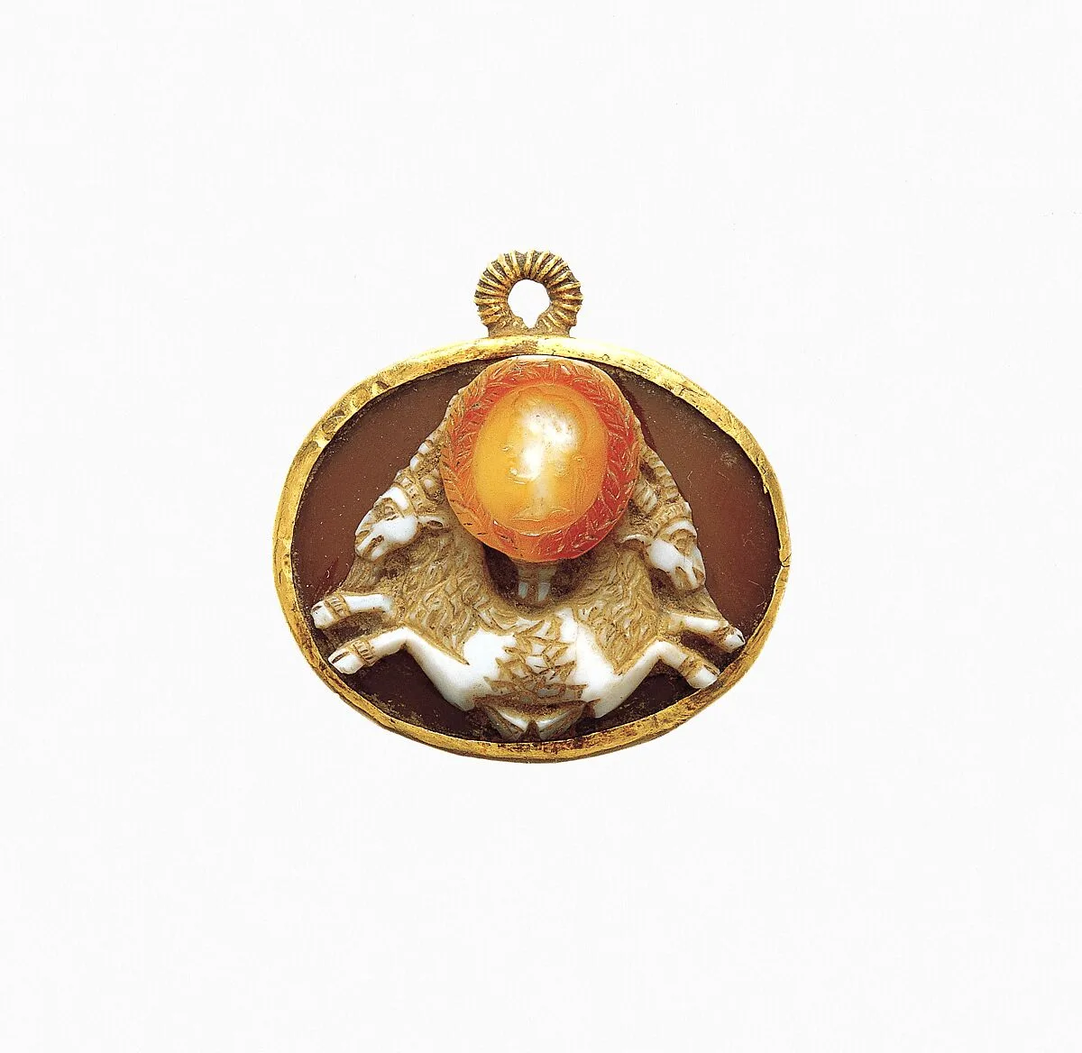 Sardonyx cameo of a double capricorn with a portrait of the emperor Augustus — Unknown