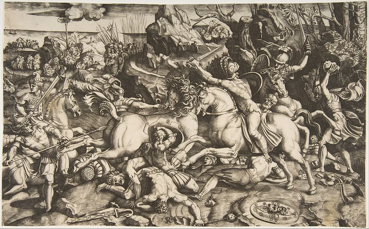 Battle scene in a landscape with soldiers on horseback and several fallen men, another group of riders in the background — Giulio Romano|Marco Dente|Raphael (Raffaello Sanzio or Santi)