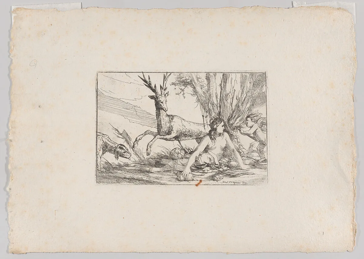 Earth, represented by Cybele seated at the base of a tree with fruits of the earth spread before her, a cupid with a torch approaches from the right, a stag and hound look toward Cybele from the left, from "The Elements" — Giulio Carpioni