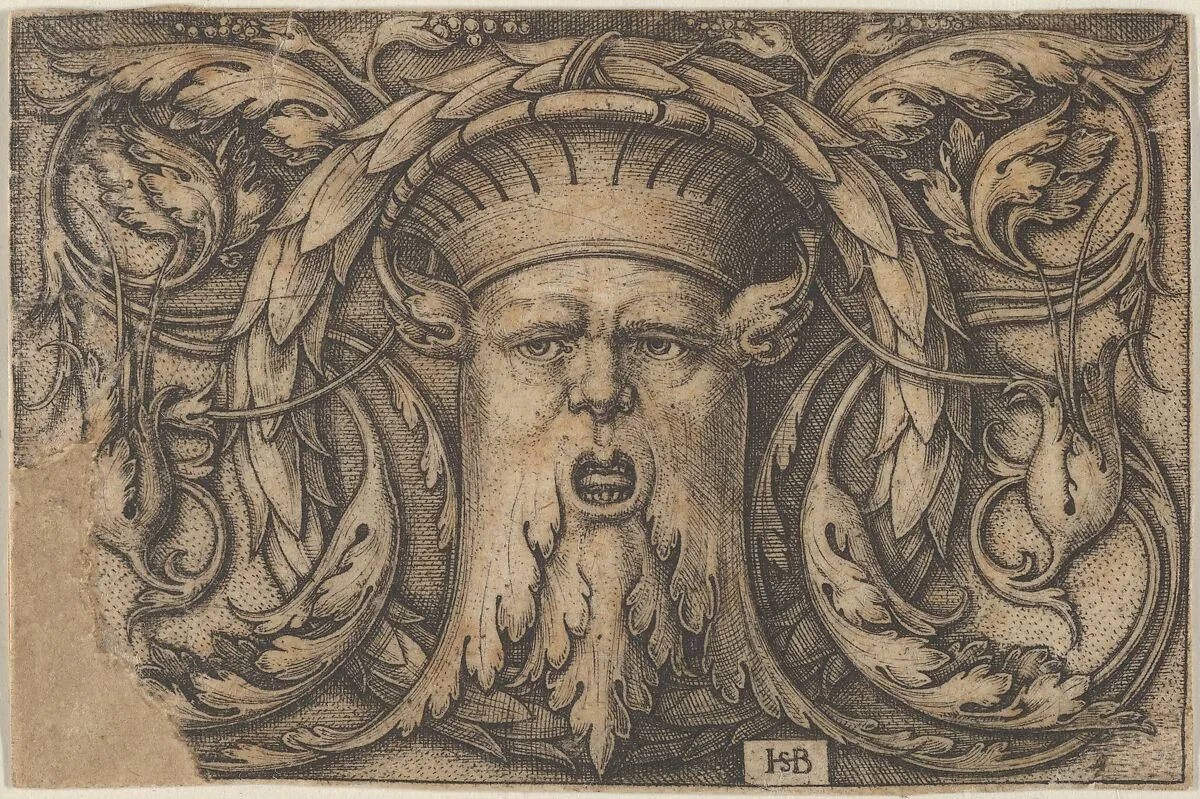 Horizontal Panel with a Bearded Amascaron in a Medallion at Center Surrounded by Tendrils — Sebald Beham
