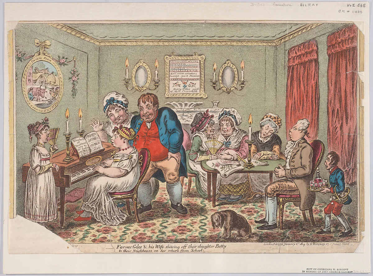 Farmer Giles and His Wife Showing Off Their Daughter Betty to Their Neighbours on her Return from School — James Gillray|Hannah Humphrey|Lieutenant Colonel Thomas Braddyll