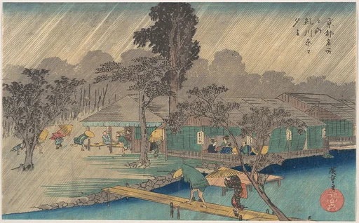 京都名所之内 糺川原之夕立|Tea-houses on the Bank of the Tadasu River in a Shower