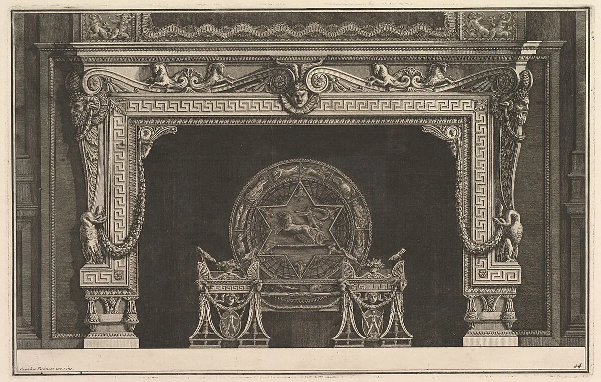 Chimneypiece: Architrave decorated with a Greek key motif and a circular fireback with figures of the zodiac (Ch. décorée d'une grecque), from Diverse Maniere d'adornare i cammini ed ogni altra parte degli edifizi...(Different Ways of ornamenting chimneypieces and all other parts of houses) — Giovanni Battista Piranesi