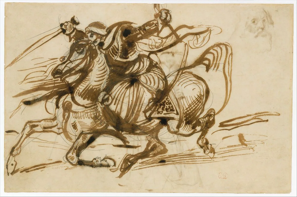 The Giaour on Horseback (recto); Study of a Woman with Head and Arms Thrown Back, and Study of the Head of an Old Man (verso). — Eugène Delacroix