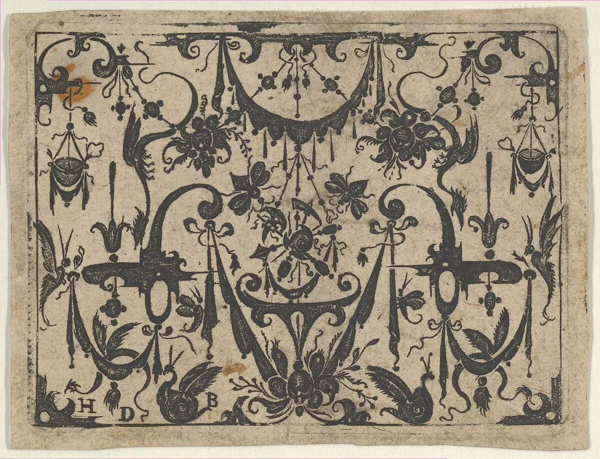 Blackwork Print with a Trophy at Center Surrounded by Grotesques and Swag Drapery — Hans de Bull