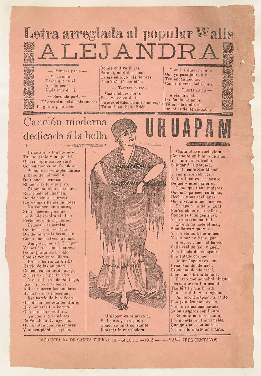 Broadsheet with two narrative love ballads about desirable women, woman wearing a shawl and a skirt with her hands placed on her hips — Antonio Vanegas Arroyo|José Guadalupe Posada