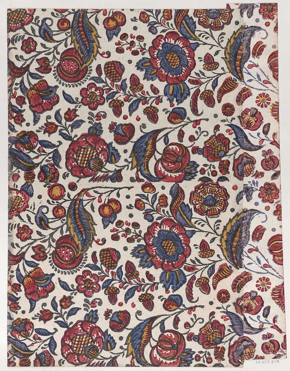 Paste paper with overall pattern of red, blue, and yellow flowers — Anonymous|Remondini Family