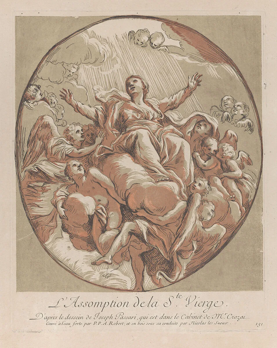 Assumption of the Virgin; from 'Recueil d'estampes d'après les plus beaux tableaux et d'après les plus beaux desseins qui sont en France, Cabinet Crozat' after Giuseppe Passeri — Giuseppe Passeri (Passari)|Nicolas Le Sueur|Paul Ponce Antoine Robert-de-Seri