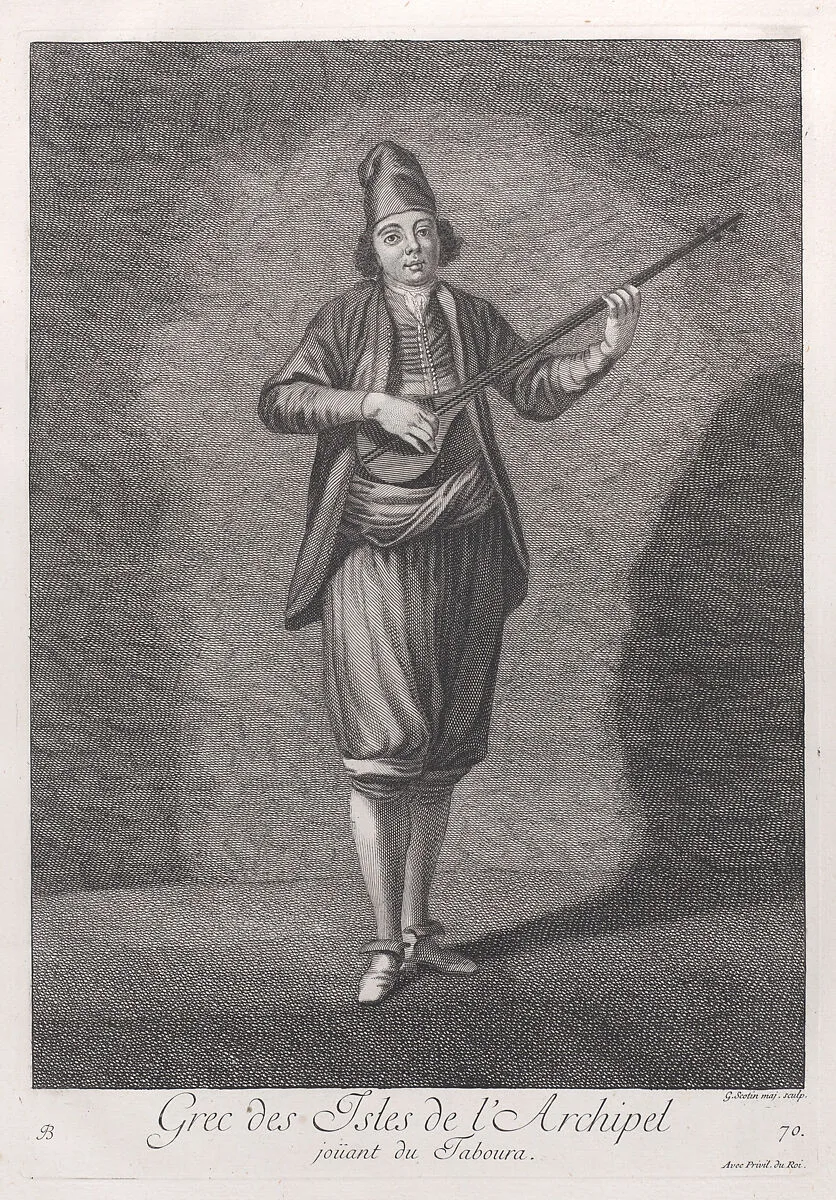 Grec des Isles de l'Archipel, joüant du Taboura, plate 70 from "Recueil de cent estampes représentent differentes nations du Levant" — Jacques le Hay|Jean Baptiste Vanmour|Gérard Jean Baptiste Scotin I