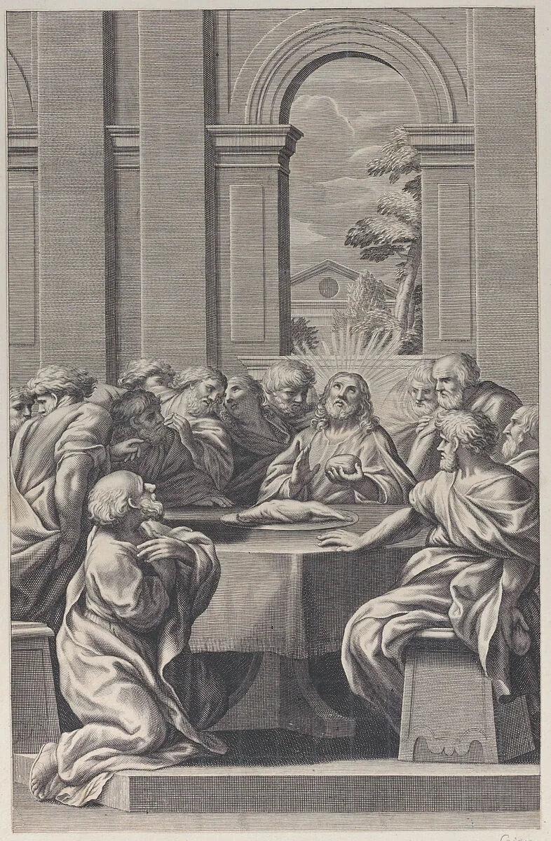 The Last Supper, the interior of a classical building with Christ and his apostles seated at a table — François Spierre|Cornelis Bloemaert|Ciro Ferri