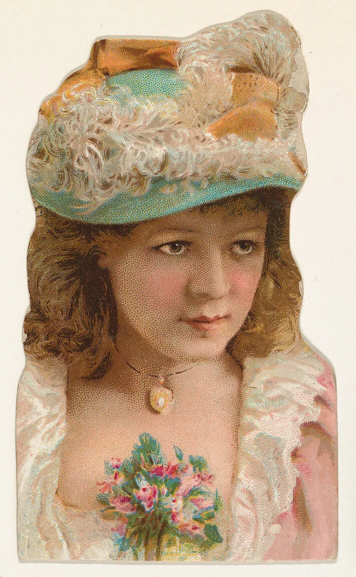 Actress wearing floral bouquet at neckline, from Stars of the Stage, Fourth Series (N132) issued by Duke Sons & Co. to promote Honest Long Cut Tobacco — American Tobacco Company|W. Duke, Sons & Co.