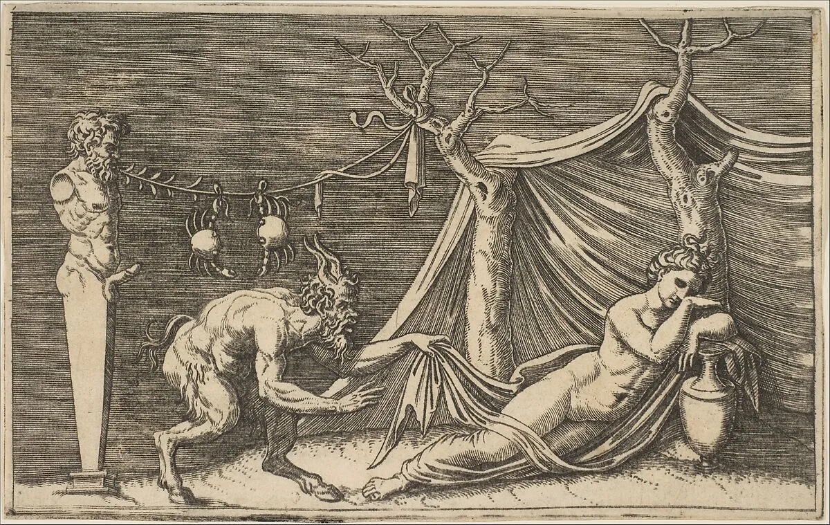 A satyr discovering a sleeping woman; two crabs hanging from a rope which is strung between a term and a tree — Marco Dente