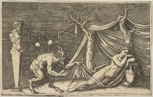 A satyr discovering a sleeping woman; two crabs hanging from a rope which is strung between a term and a tree