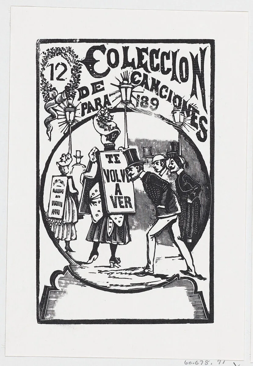 A man bending down to look at a woman with a sign on her back, illustration for 'El Abanico (The Admirer)' — José Sanchez|José Guadalupe Posada