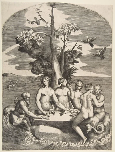 Two sea gods accompanied by four nymphs