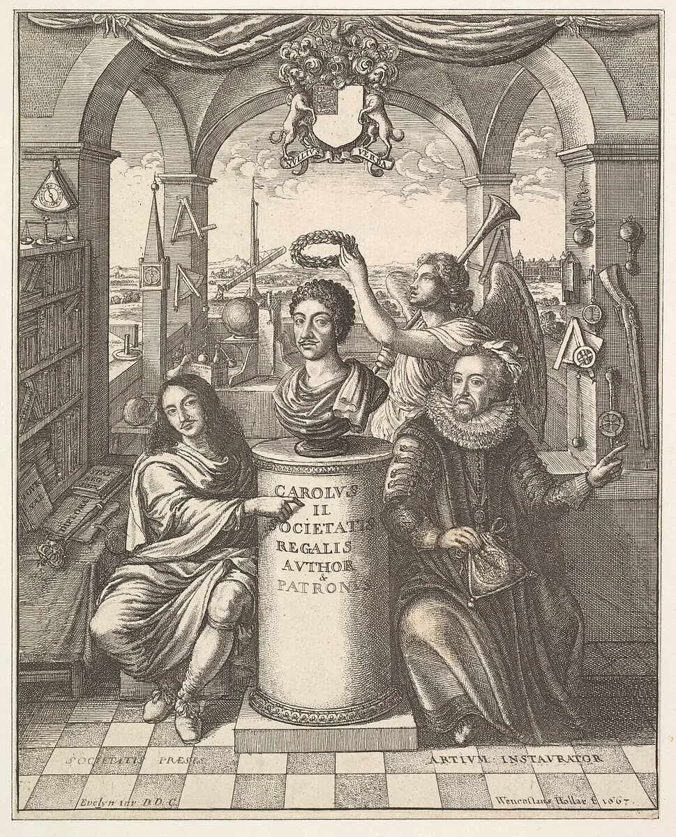 Frontispiece from Thomas Sprat's "The History of the Royal Society of London" — Charles II, King of England, Ireland, Scotland and Wales|Francis Bacon, Viscount St. Albans|Thomas Sprat|William Brouncker, 2nd Viscount Brouncker|Wenceslaus Hollar|John Evelyn