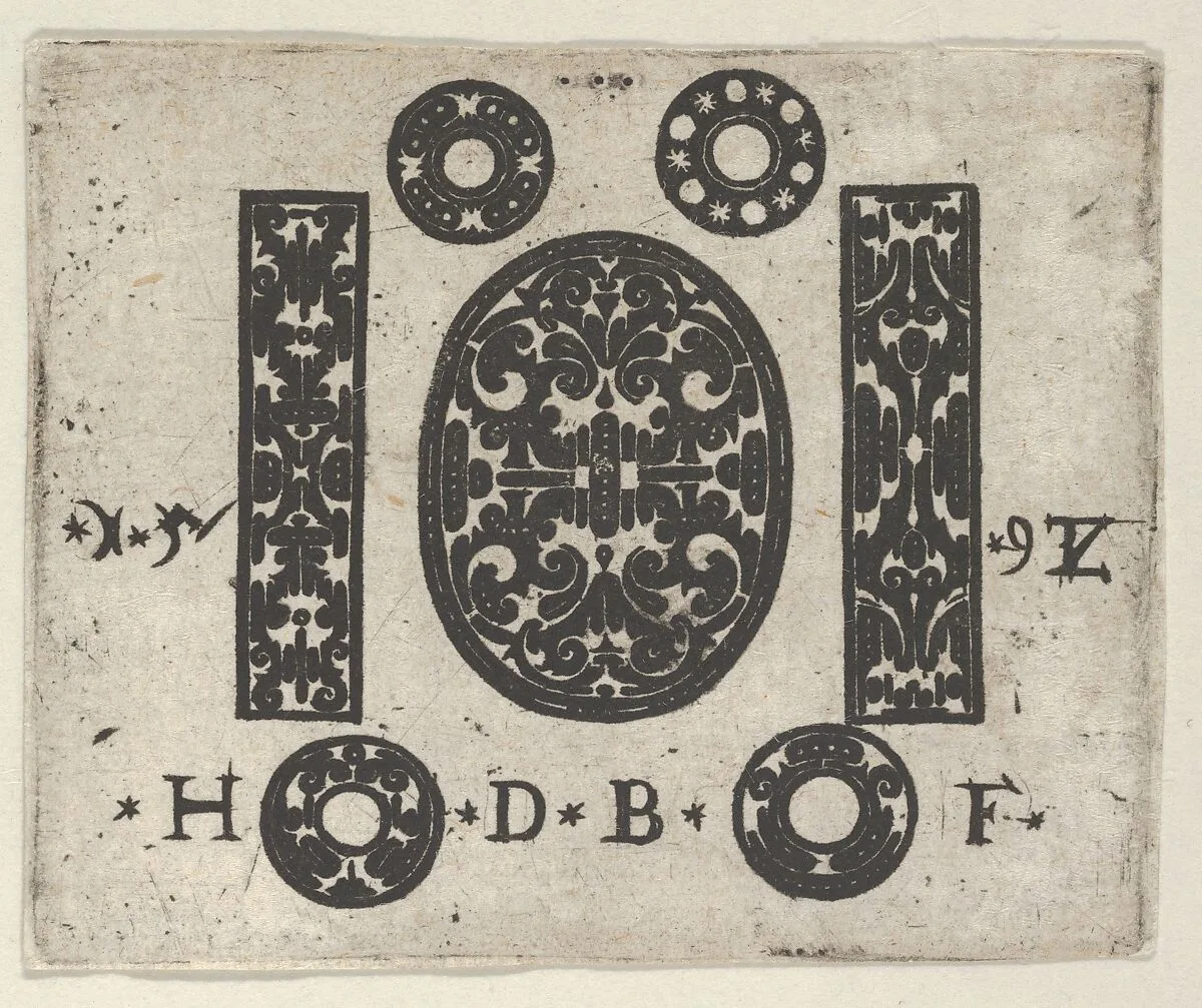 Blackwork Print with Two Vertical Panels Flanking an Oval at Center with Four Small Circles — Hans de Bull