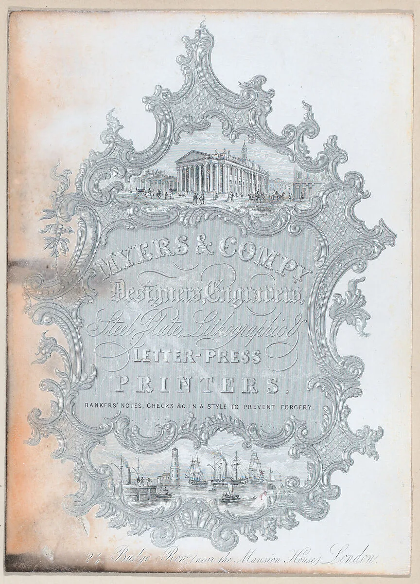 Trade Card for Myers & Co., Designers, Engravers, Steel Plate, Lithographic & Letterpress Printers — Anonymous, British, 19th century