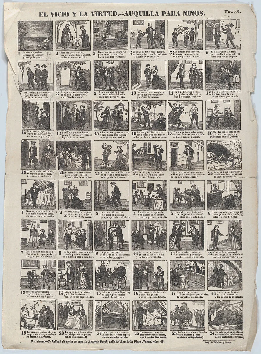 Broadside with 24 scenes relating to vice and virtue, lessons for children — Narciso Ramirez|Antonio Bosch