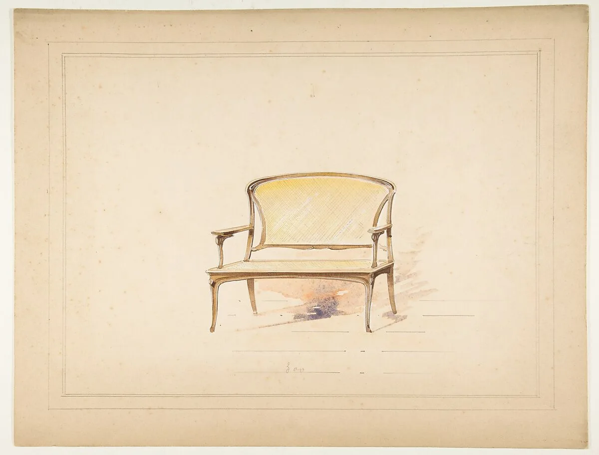 Design for Art Nouveau Loveseat with Caning — Anonymous, French, 19th century