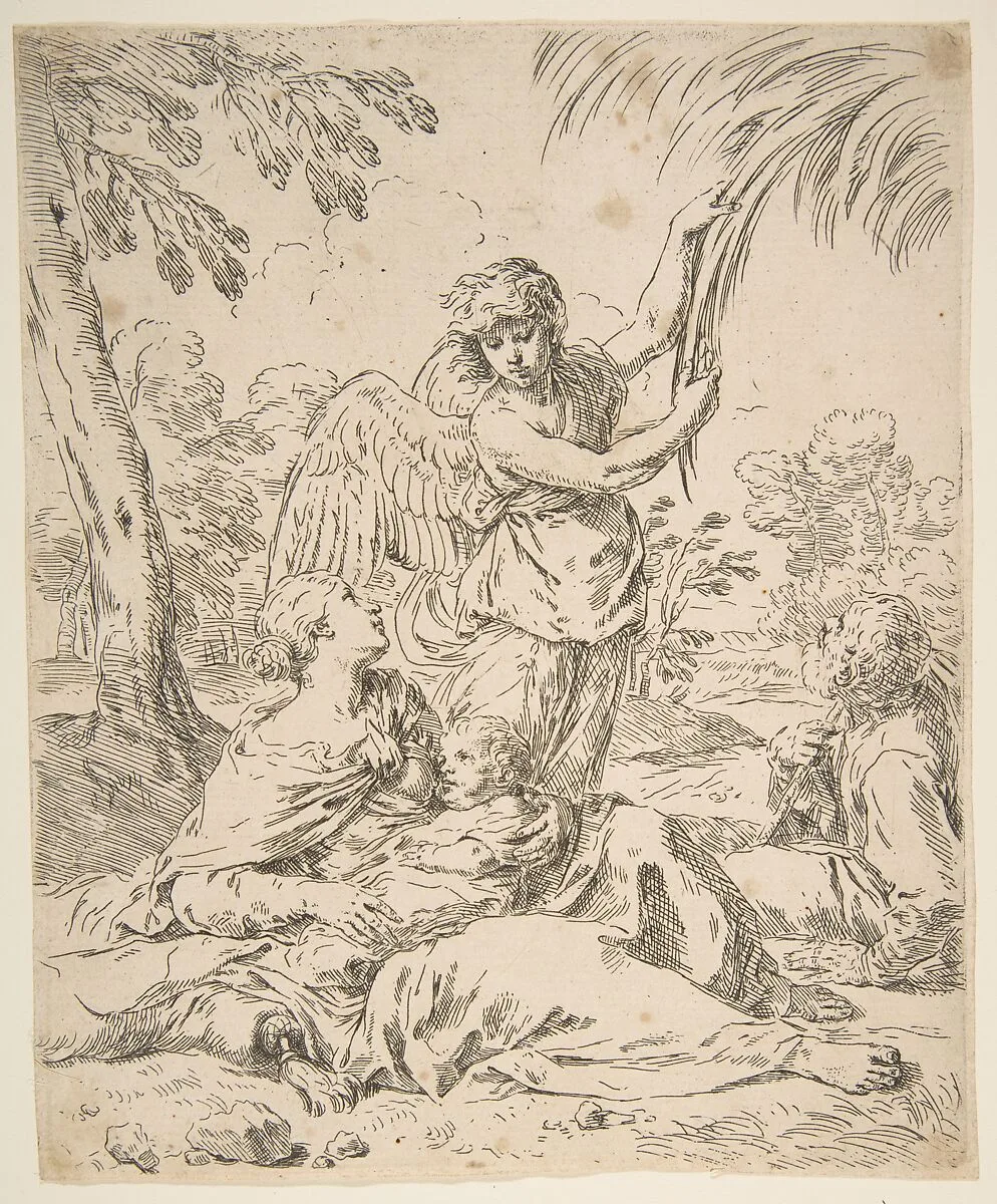 Repose in Egypt, Mary nursing the infant Christ while an angel pulls at tree branches — Simone Cantarini