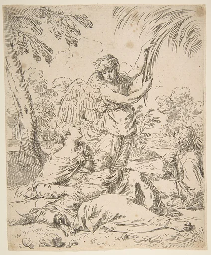 Repose in Egypt, Mary nursing the infant Christ while an angel pulls at tree branches