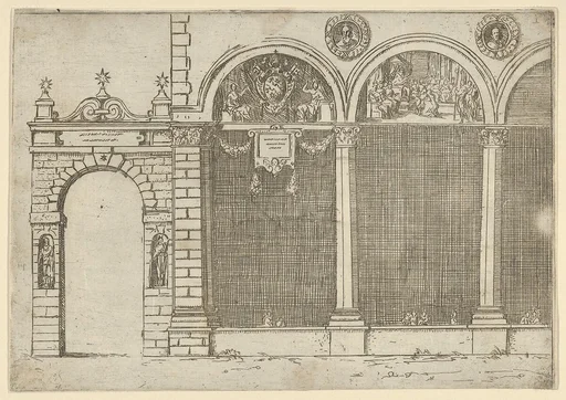 The arcade of the palace of the Archbishop of Bologna with temporary decorations for the entry of Pope Clement VIII in Bologna in 1598
