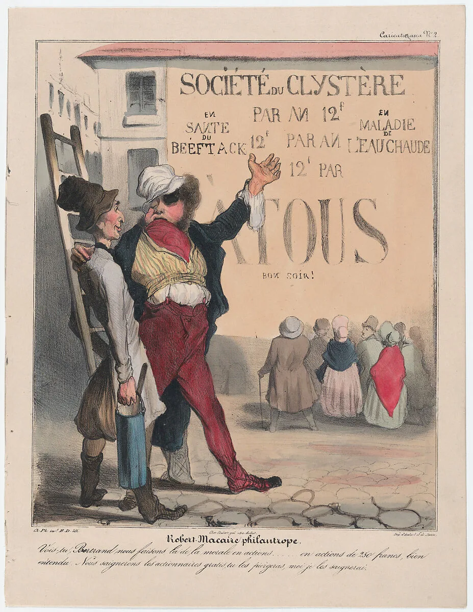 Plate 2: Robert Macaire, philanthropist, from 'Caricaturana,' published in Les Robert Macaires — Junca|Charles Philipon|Aubert et Cie|Honoré Daumier