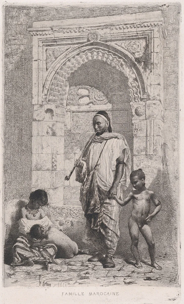 A Moroccan family in front of an arch, father standing, mother lower left on the ground holding a child — Mariano Fortuny, 1838–1874
