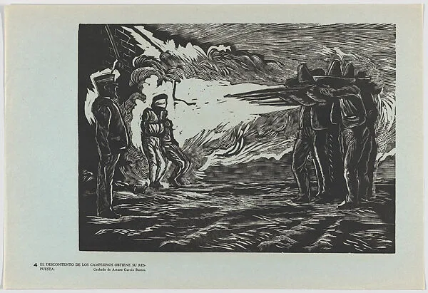 Plate 4: disgruntled campesinos being exectued by firing squad, from the portfolio 'Estampas de la revolución Mexicana' (prints of the Mexican Revolution) — Taller de Gráfica Popular|Arturo García Bustos