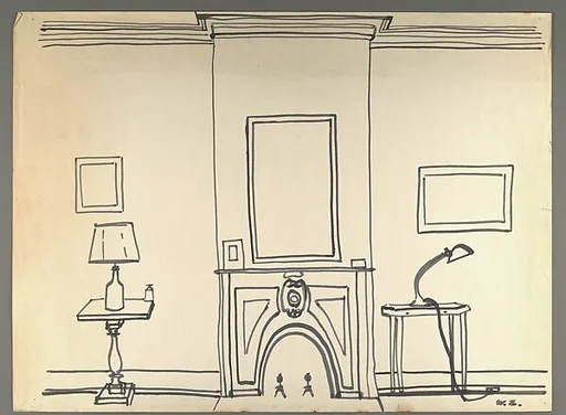[Line Drawing of Interior with Fireplace]