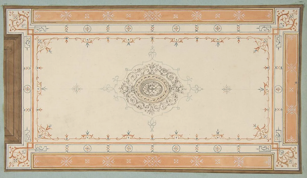 Design for the decoration of a ceiling with filagree borders and a central medallion — Jules-Edmond-Charles Lachaise|Eugène-Pierre Gourdet