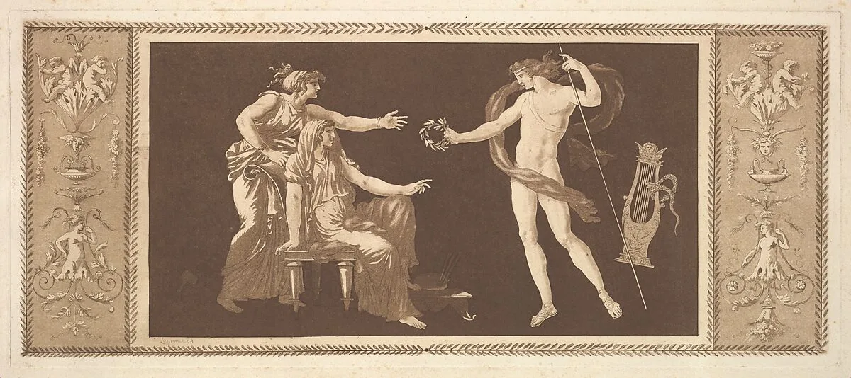 Apollon couronnant les arts (Apollo Crowining the Arts), from Recueil de Différentes Compositions Frises et Ornements dessinées et gravées à la manière du lavis par La Grenée le Juene Se trouve chez l'Auteur, au Louvre et chez Basan, rue et Hôtel Serpente A Paris, in an album containing Recueil de Compositions par Lagrenée Le Jeune (Collection of Compositions by Lagrenée the Younger) — Jean Jacques Lagrenée