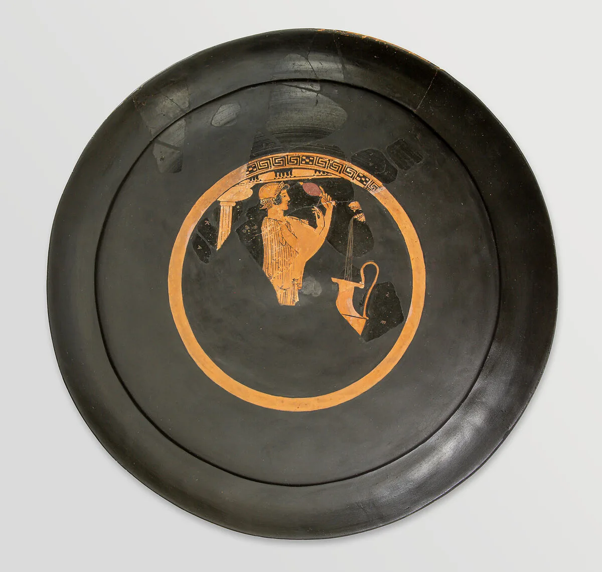 Fragmentary terracotta kylix (drinking cup) — Triptolemos Painter