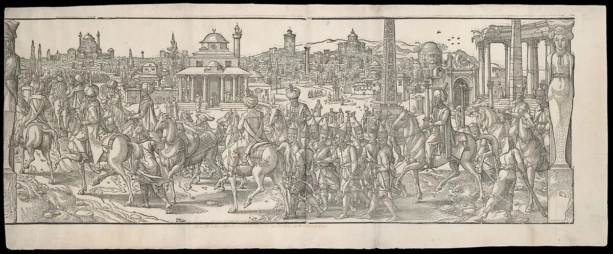 Procession of Sultan Süleyman through the Atmeidan from the frieze Ces Moeurs et fachons de faire de Turcz (Customs and Fashions of the Turks) — Pieter Coecke van Aelst|Mayken Verhulst