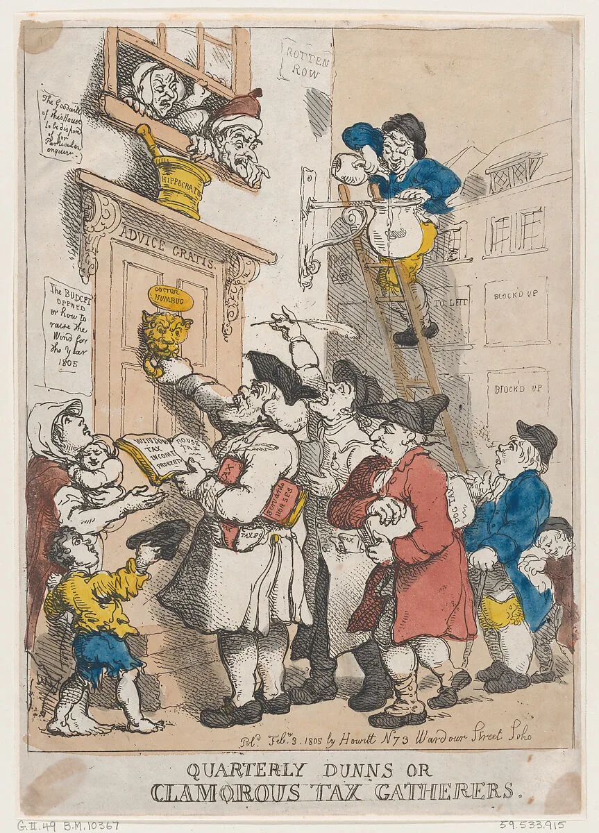 Quarterly Dunns, or Clamorous Tax Gatherers — Thomas Rowlandson|Samuel Howitt