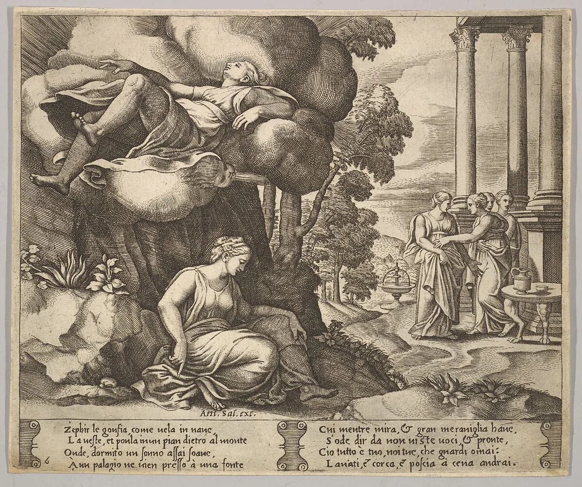 Plate 6: Zephir carrying off Psyche to an enchanted palace, from "The Fable of Psyche" — Master of the Die|Antonio Salamanca|Michiel Coxie (I)