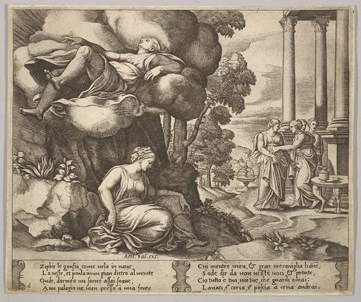 Plate 6: Zephir carrying off Psyche to an enchanted palace, from "The Fable of Psyche"