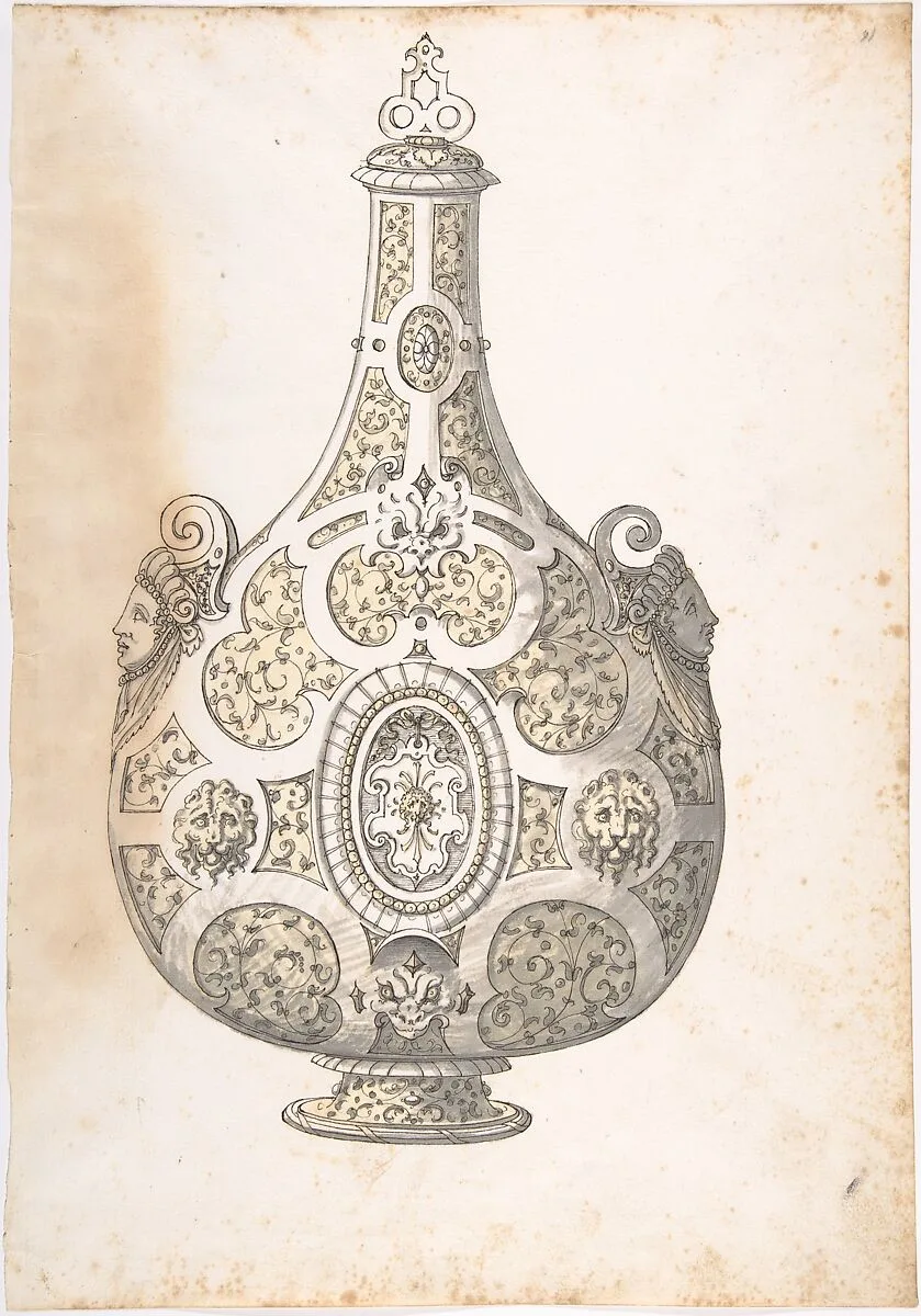 Design for a Silver- gilt Flask Decorated with Strapwork, Masks, Moresques — Erasmus Hornick|Anonymous, 16th century