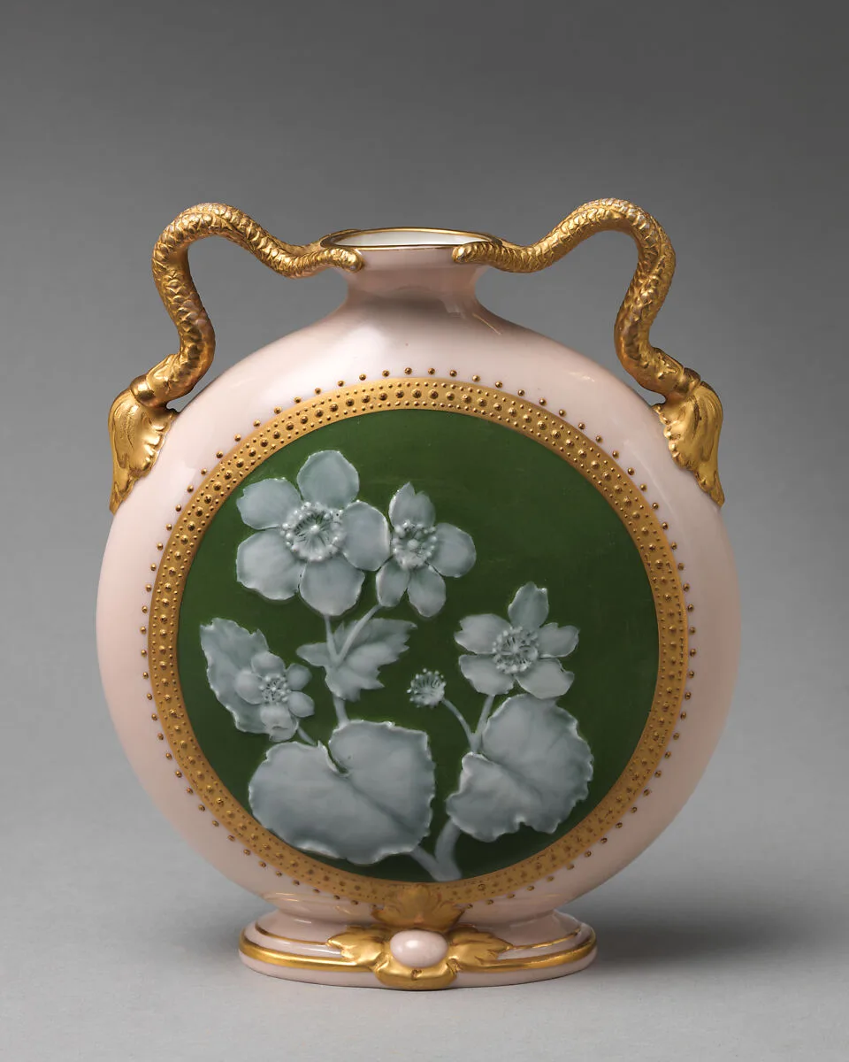 Moon flask with snake handles and floral reserve — Grainger