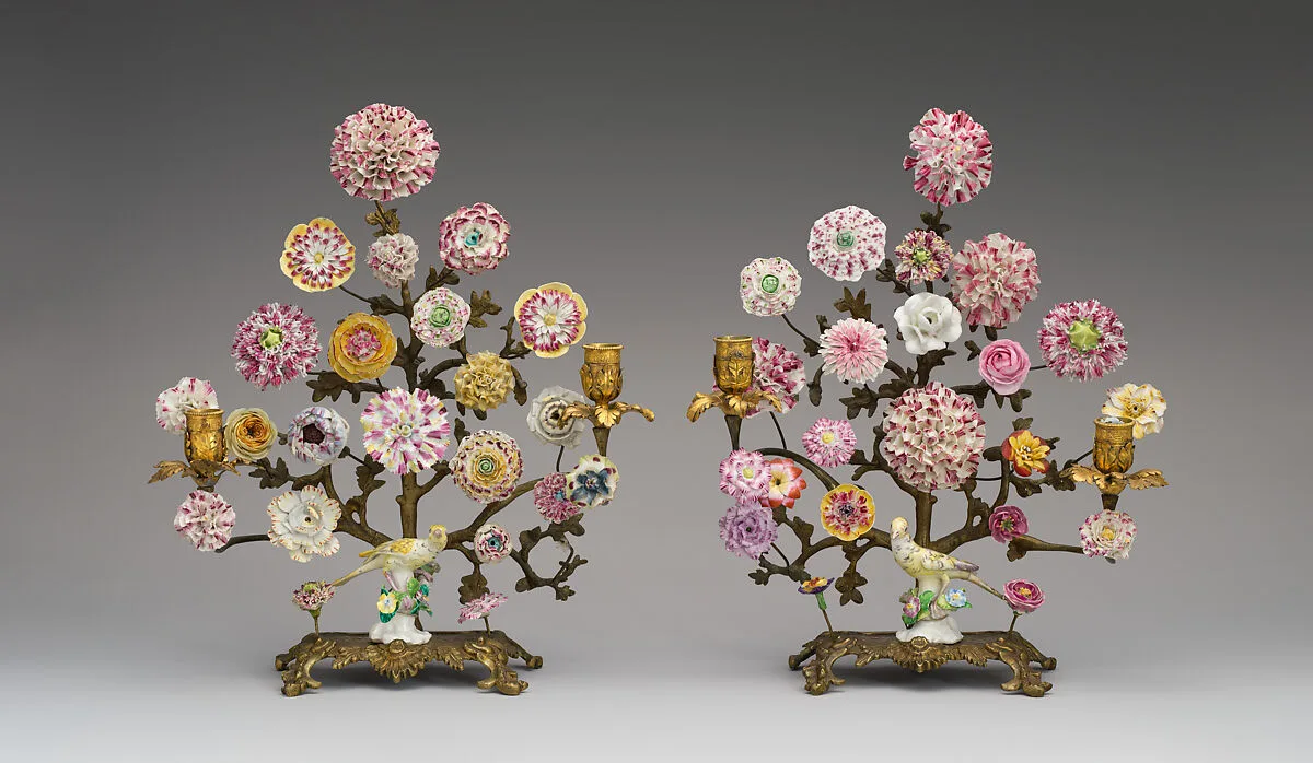 Pair of candelabra with porcelain flowers — Bow Porcelain Factory