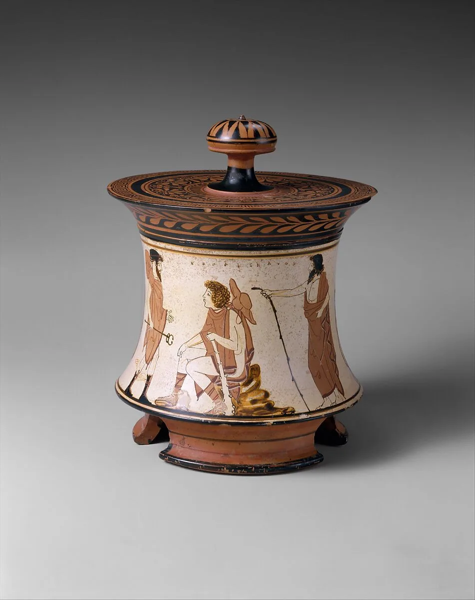 Terracotta pyxis (box) — Penthesilea Painter