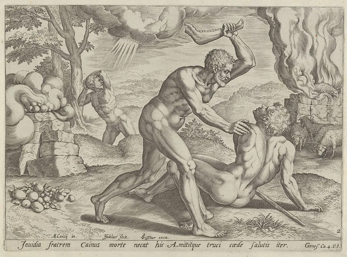 Cain murdering Abel (plate 2 from The Story of Cain and Abel) — Claes Jansz. Visscher|Michiel Coxie (I)|Johann Sadeler I