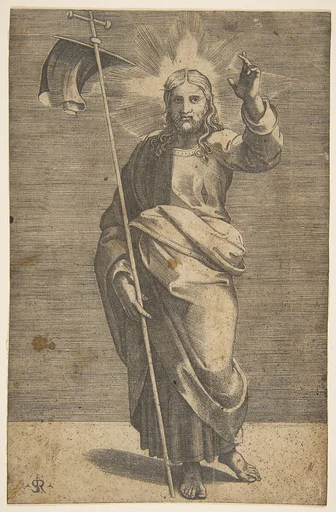 Christ standing facing forward, holding a cross with a banner and raising his left hand