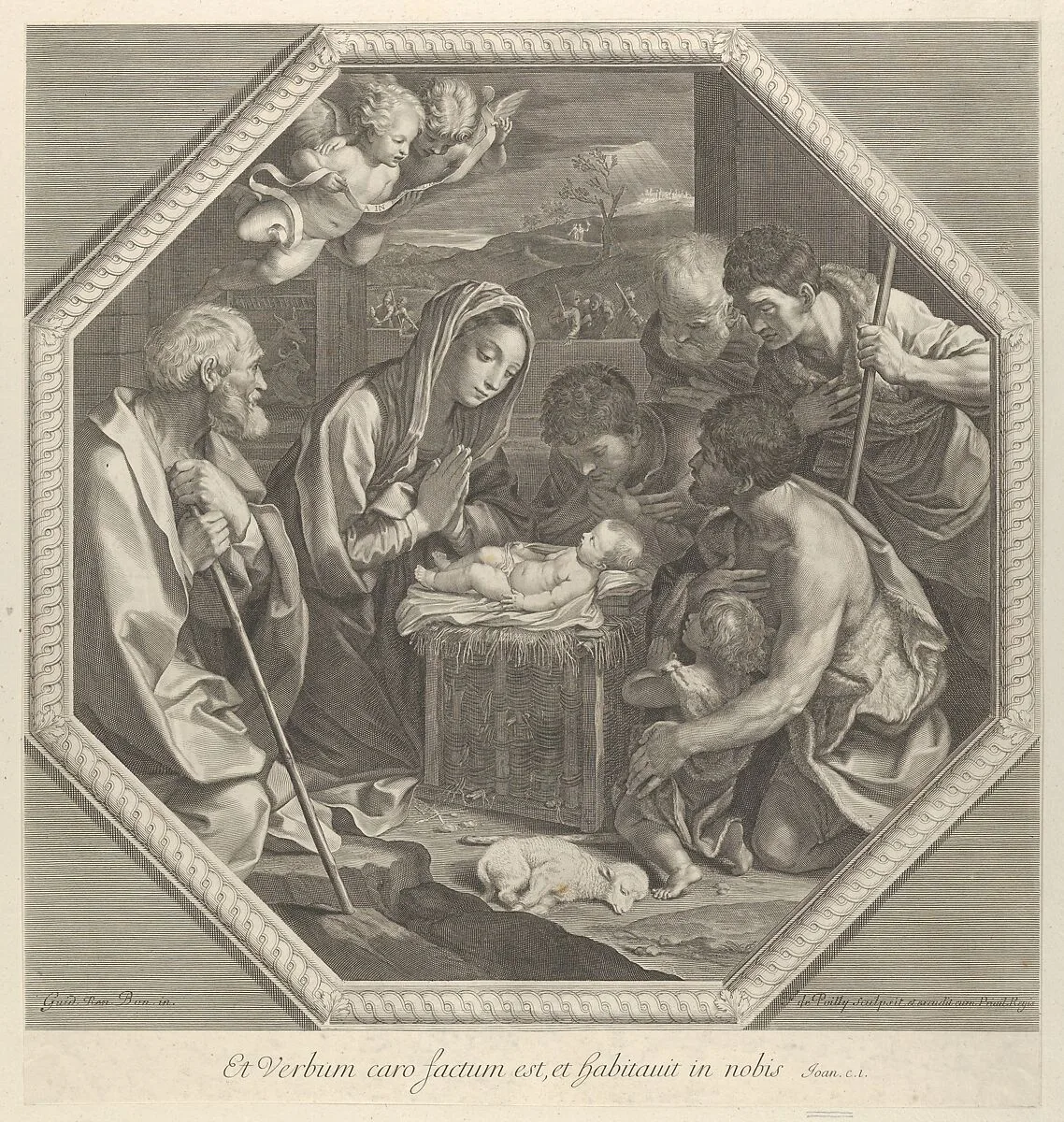 The adoration of the shepherds who kneel together at right before the infant Christ, the Virgin and Saint Joseph at left, two angels above, in an octagonal frame, after Reni — Guido Reni|Francois de Poilly