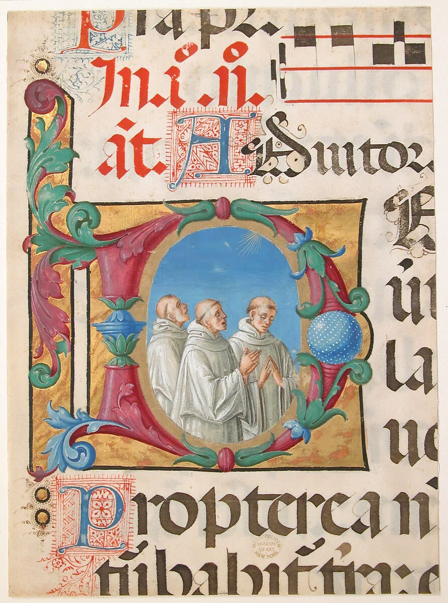 Manuscript Illumination with Singing Monks in an Initial D, from a Psalter — Girolamo dai Libri
