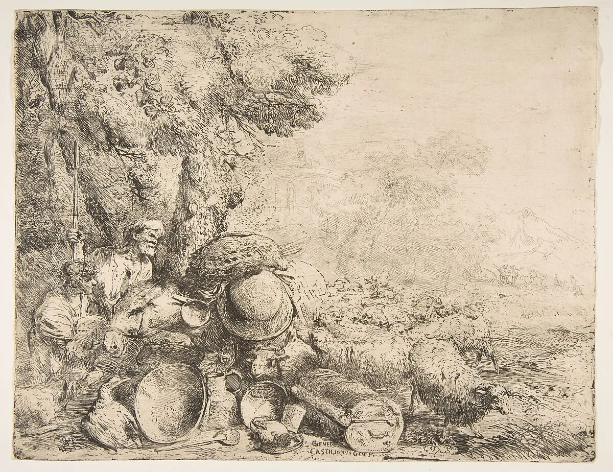 Two shepherds, a donkey and other animals in a landscape — Giovanni Benedetto Castiglione (Il Grechetto)