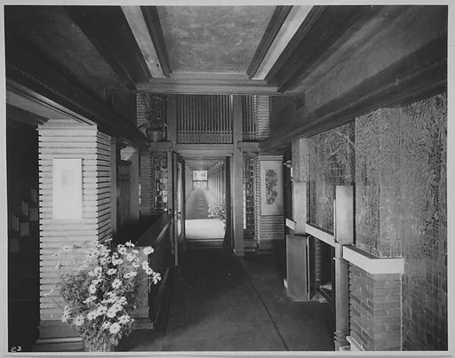 Darwin D. Martin Residence, Hall, with fireplace and mosaic overmantle