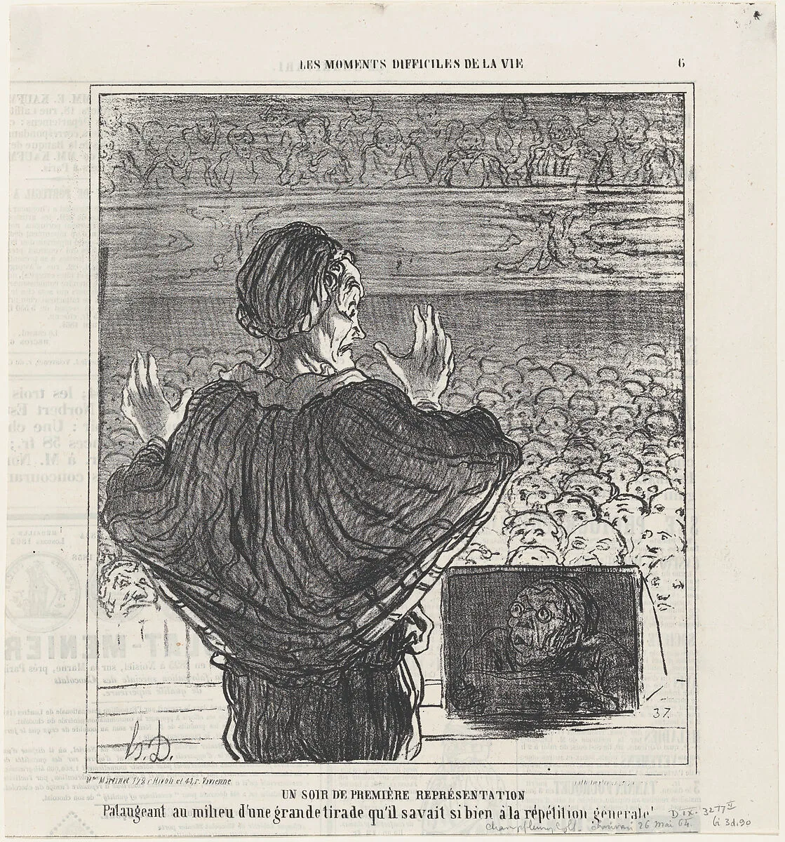 Opening night, from 'The difficult moments of life,' published in Le Charivari, May 26, 1864 — Honoré Daumier|Destouches|Aaron Martinet
