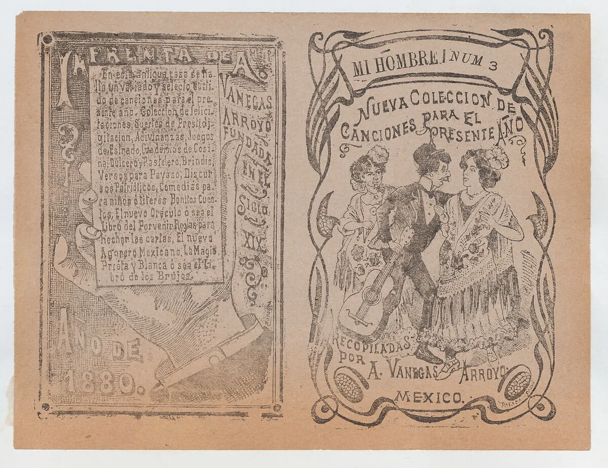 Cover for 'Nueva Coleccion de Canciones para el Presente Año', a man with a guitar placing his arm around a woman's shoulder while another woman watches them — José Guadalupe Posada|Antonio Vanegas Arroyo